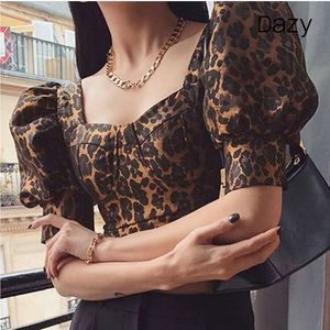 Leopard Sweetheart Neck Puff Sleeve Crop Blouse